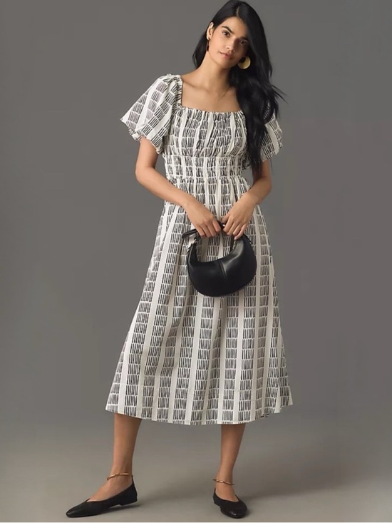 Maeve Dresses & Skirts - Anthropology Maeve Cotton Black and White Puff Sleeve Smocked Midi Dress